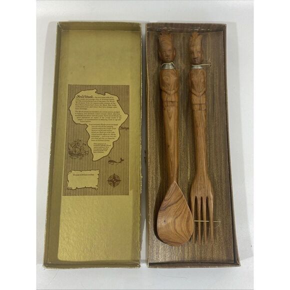 Vintage Salad Server Set African Kenya Mvule Wood Fork Spoon New w/Box - Picture 5 of 6